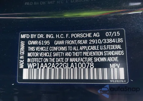 2016 Porsche Cayenne z USA, uszkodzony, nr VIN WP1AA2A22GLA10078